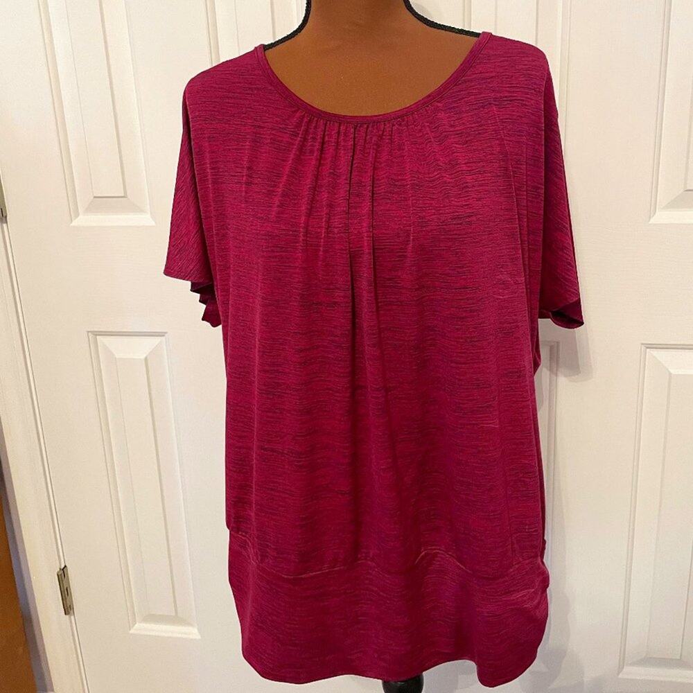 New Directions Short-Sleeve Blouse, Raspberry Pink Heathered, Size XL